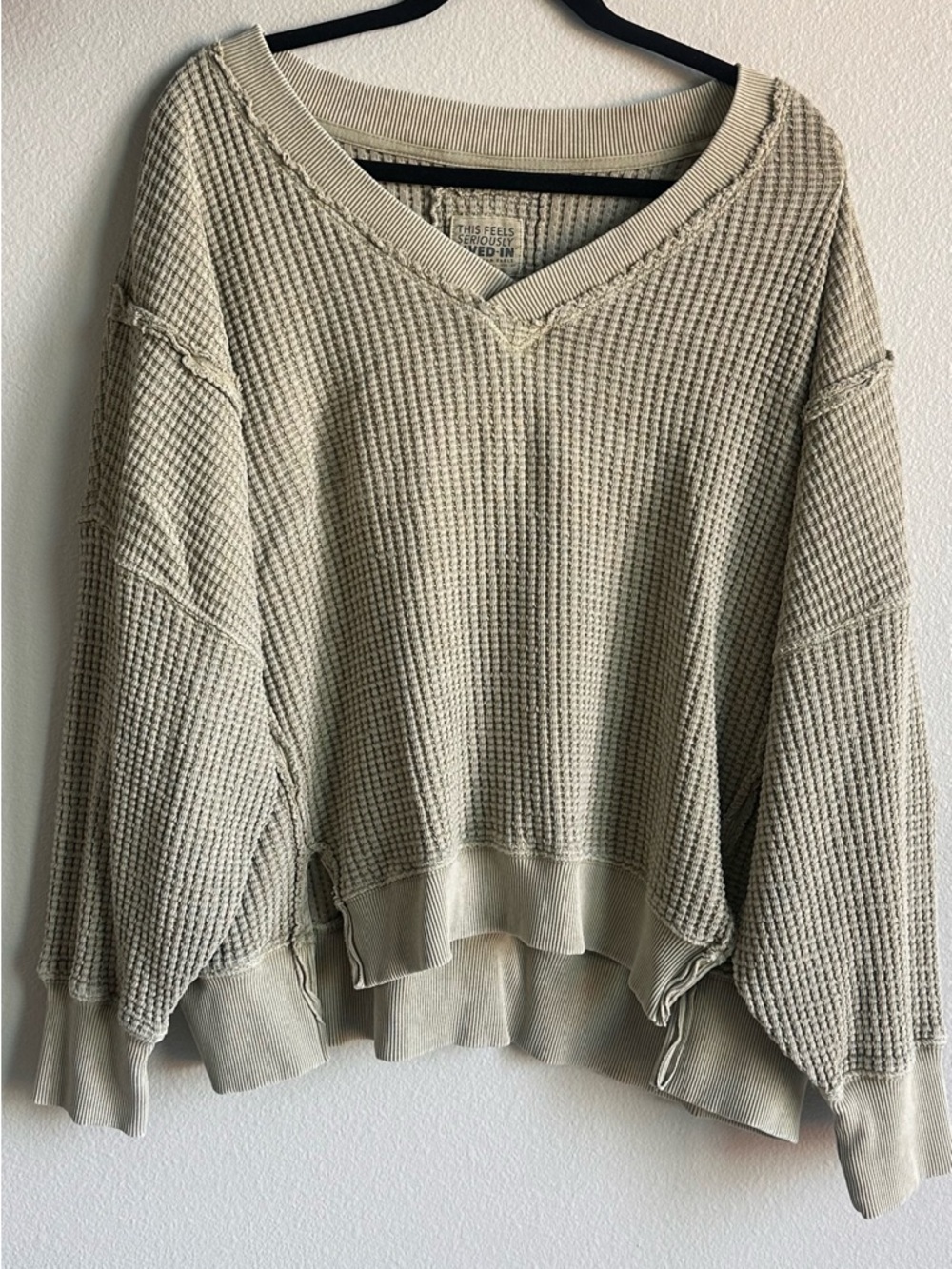 American Eagle Outfitters Washed Sage Waffle V-Neck Sweater
